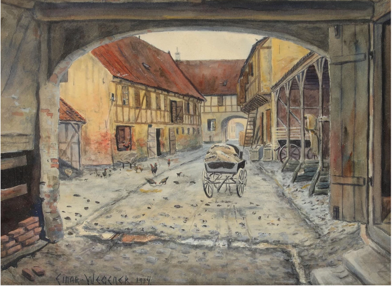 Lili Elbe - Veduta stradale con galline e carrozza carica di sacchi, 1904